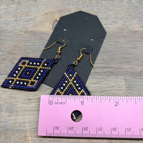 Hand Beaded Diamond Drop Earrings in Blue and Gold, Native American Style, - Picture 4 of 9